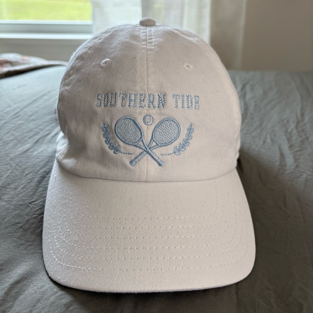 Southern Tide Adjustable White Cap with Blue Tennis Design. OS.